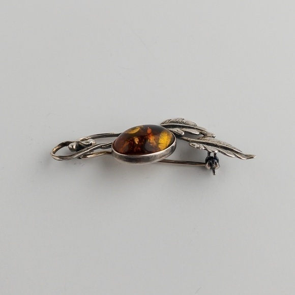 Sterling Silver Modernist Brooch Pin Baltic Amber Stone Hallmark Gdansk Poland - Picture 6 of 11